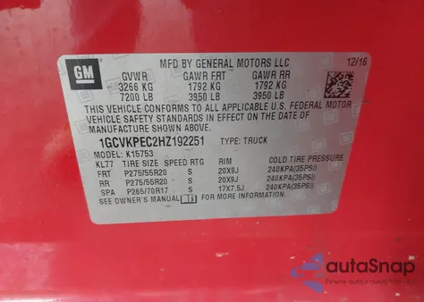 2017 Chevrolet Silverado 1500 Custom from USA, damaged, VIN 1GCVKPEC2HZ192251